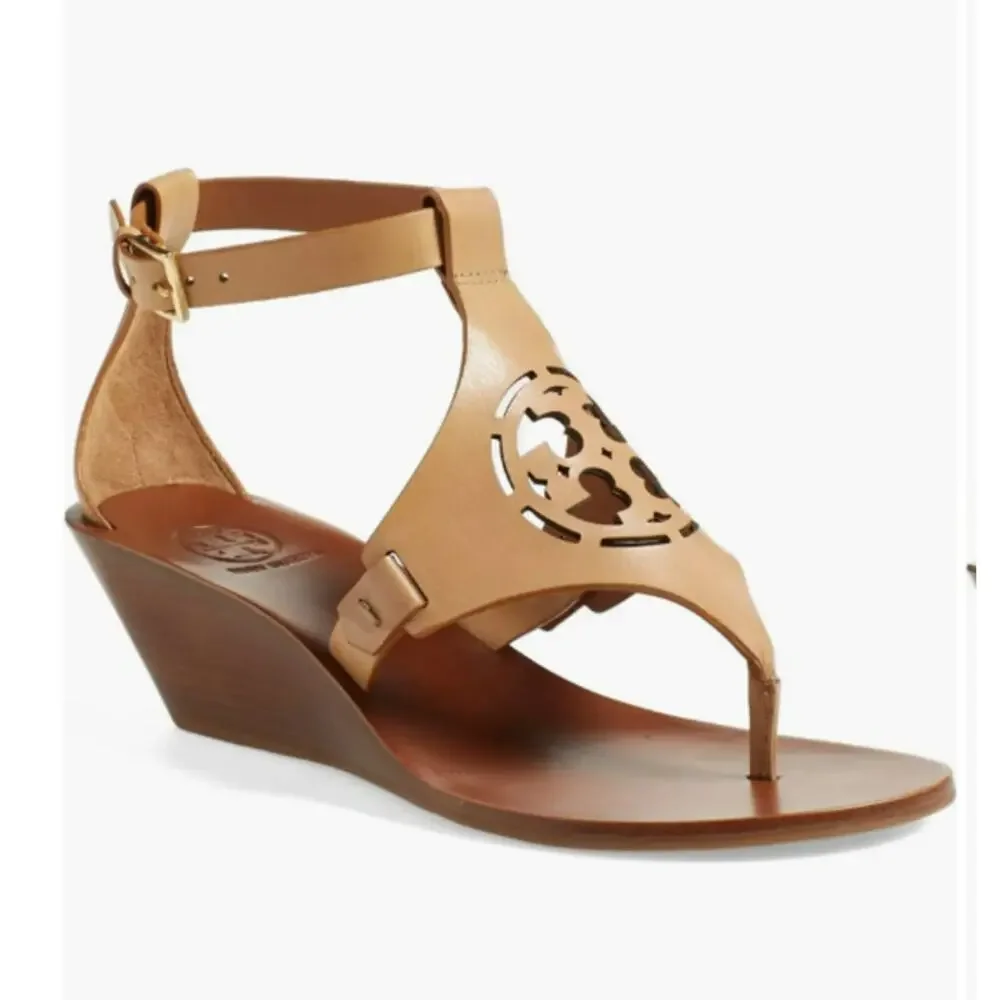 Tory Burch Zoey Leather Logo Thong Strap Wedge Sandals Tan Brown 9.5